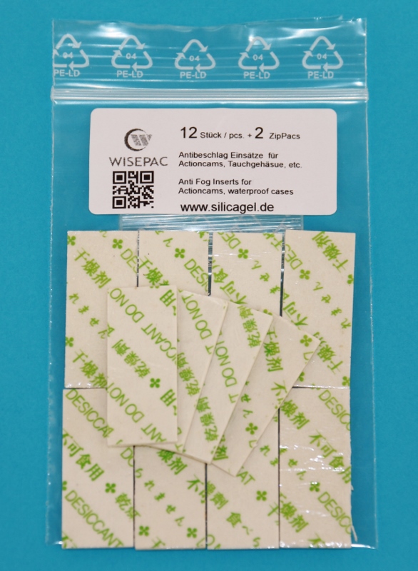 Desiccant sheets for action cams / lenses / anti-fog inserts